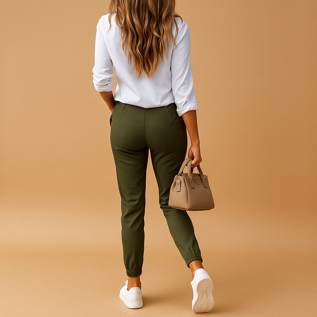 Women’s slim fit chino trousers with light stretch, offering a flattering fit and versatile style for office outfits, casual wear, and everyday looks.