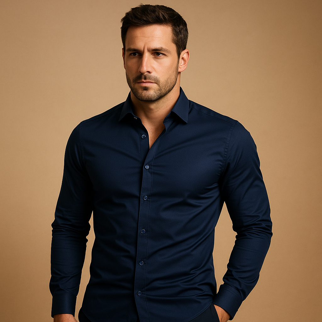 Men’s slim fit cotton shirt with turndown collar, ideal for office and casual occasions in multiple colors.