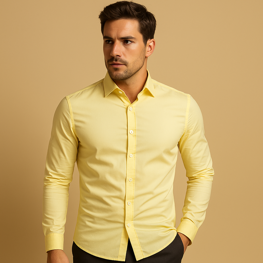 Men’s slim fit cotton shirt with turndown collar, ideal for office and casual occasions in multiple colors.