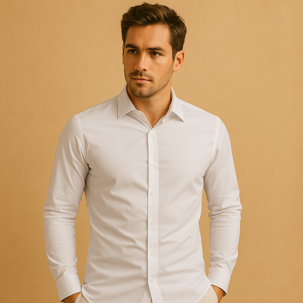Men’s slim fit cotton shirt with turndown collar, ideal for office and casual occasions in multiple colors.