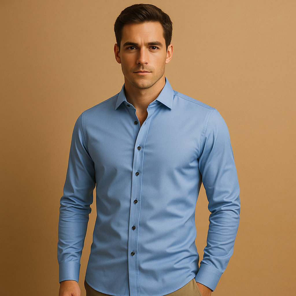 Men’s slim fit dress shirt with button closure and collar, perfect for business meetings and casual occasions.