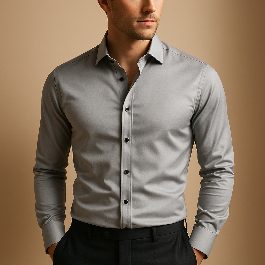 Men’s slim fit dress shirt with button closure and collar, perfect for business meetings and casual occasions.