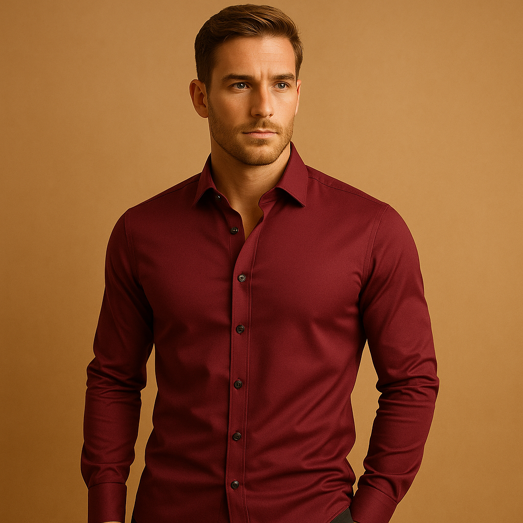 Men’s slim fit dress shirt with button closure and collar, perfect for business meetings and casual occasions.