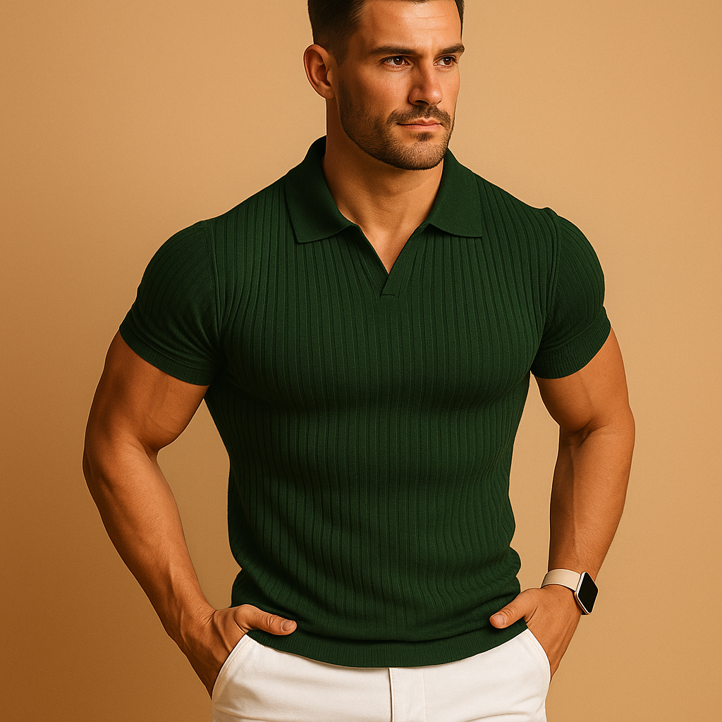 Men’s slim fit polo shirt with V-neck and lapel collar, ideal for casual and smart-casual occasions.