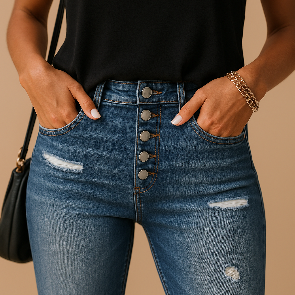 Women’s slim fit ripped jeans with a flattering cut and trendy distressed details. Perfect for daily wear or a stylish evening look.