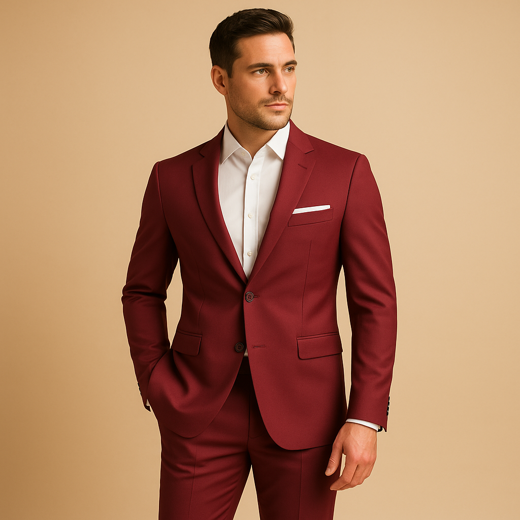 Men’s slim fit suit with blazer and trousers, ideal for weddings, business meetings, or formal events.
