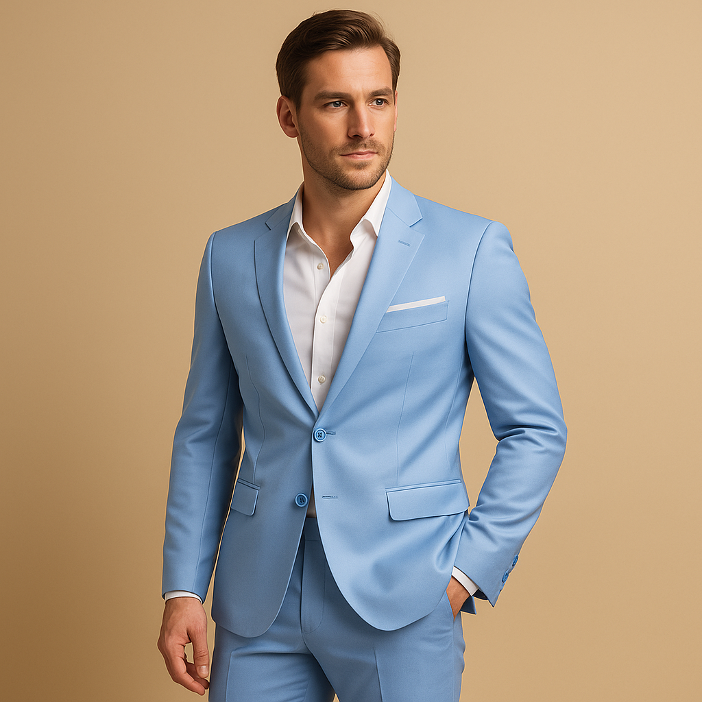Men’s slim fit suit with blazer and trousers, ideal for weddings, business meetings, or formal events.