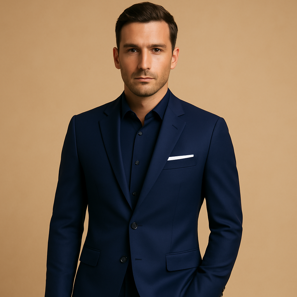 Men’s slim fit suit with blazer and trousers, ideal for weddings, business meetings, or formal events.