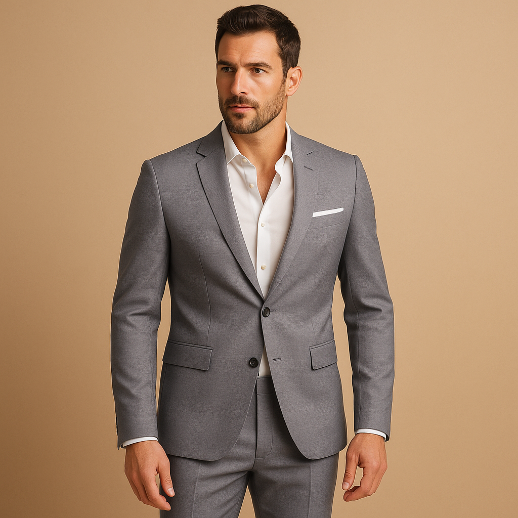 Men’s slim fit suit with blazer and trousers, ideal for weddings, business meetings, or formal events.