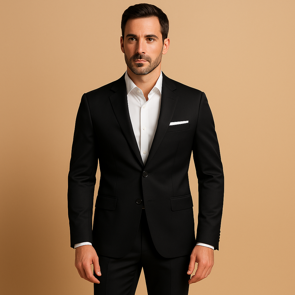 Men’s slim fit suit with blazer and trousers, ideal for weddings, business meetings, or formal events.