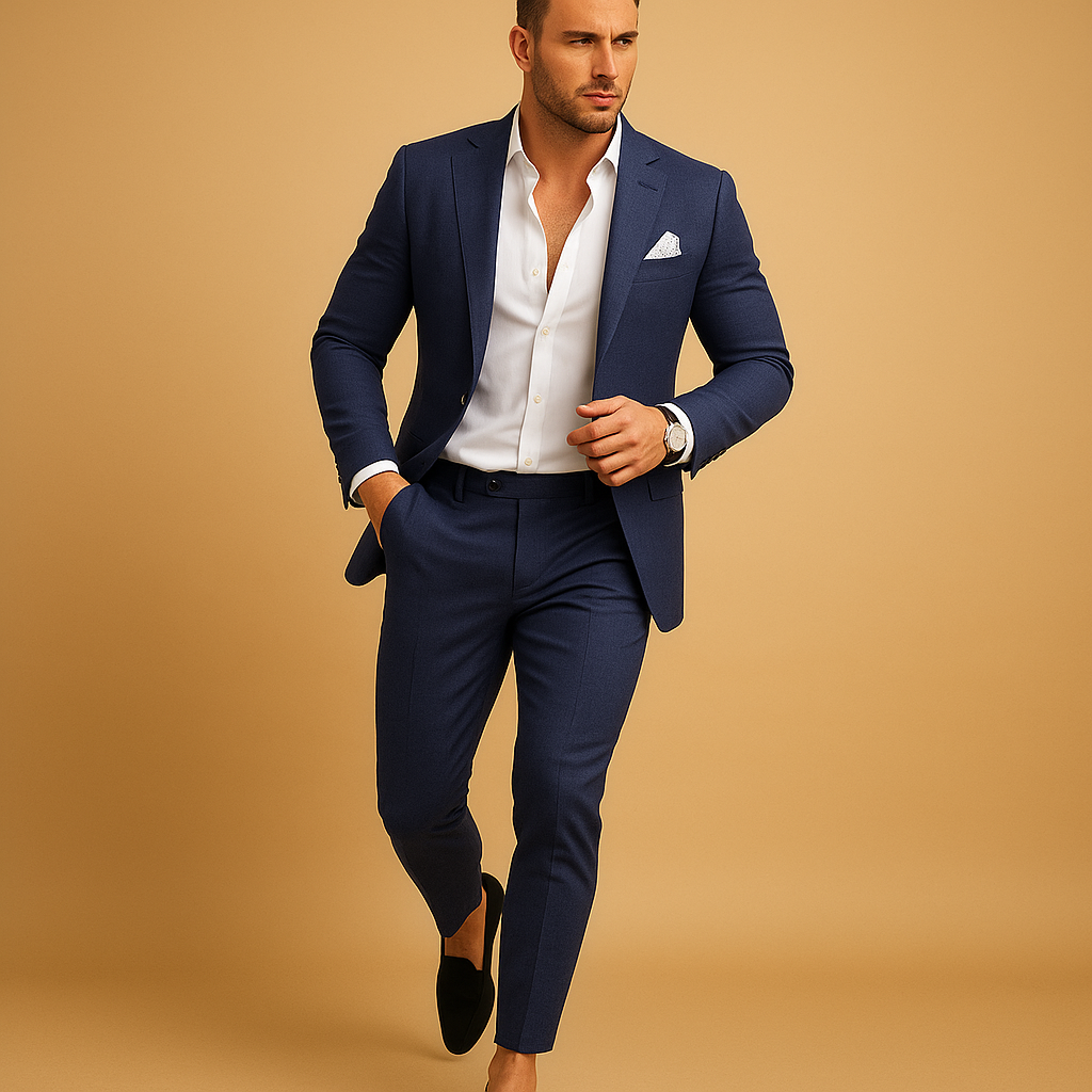 Men’s slim fit suit with blazer and trousers, perfect for weddings, business meetings, and formal occasions.
