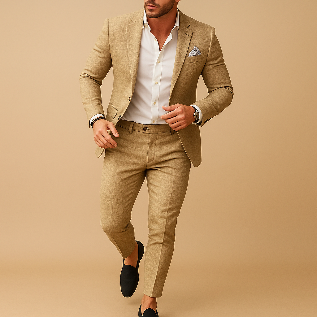 Men’s slim fit suit with blazer and trousers, perfect for weddings, business meetings, and formal occasions.