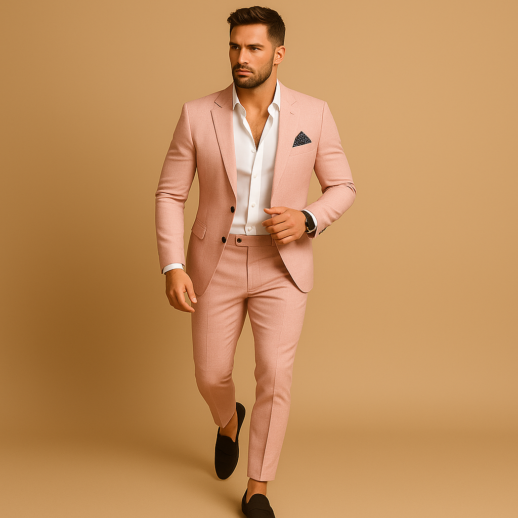 Men’s slim fit suit with blazer and trousers, perfect for weddings, business meetings, and formal occasions.