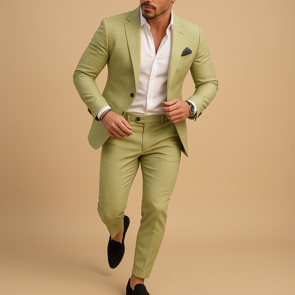 Men’s slim fit suit with blazer and trousers, perfect for weddings, business meetings, and formal occasions.