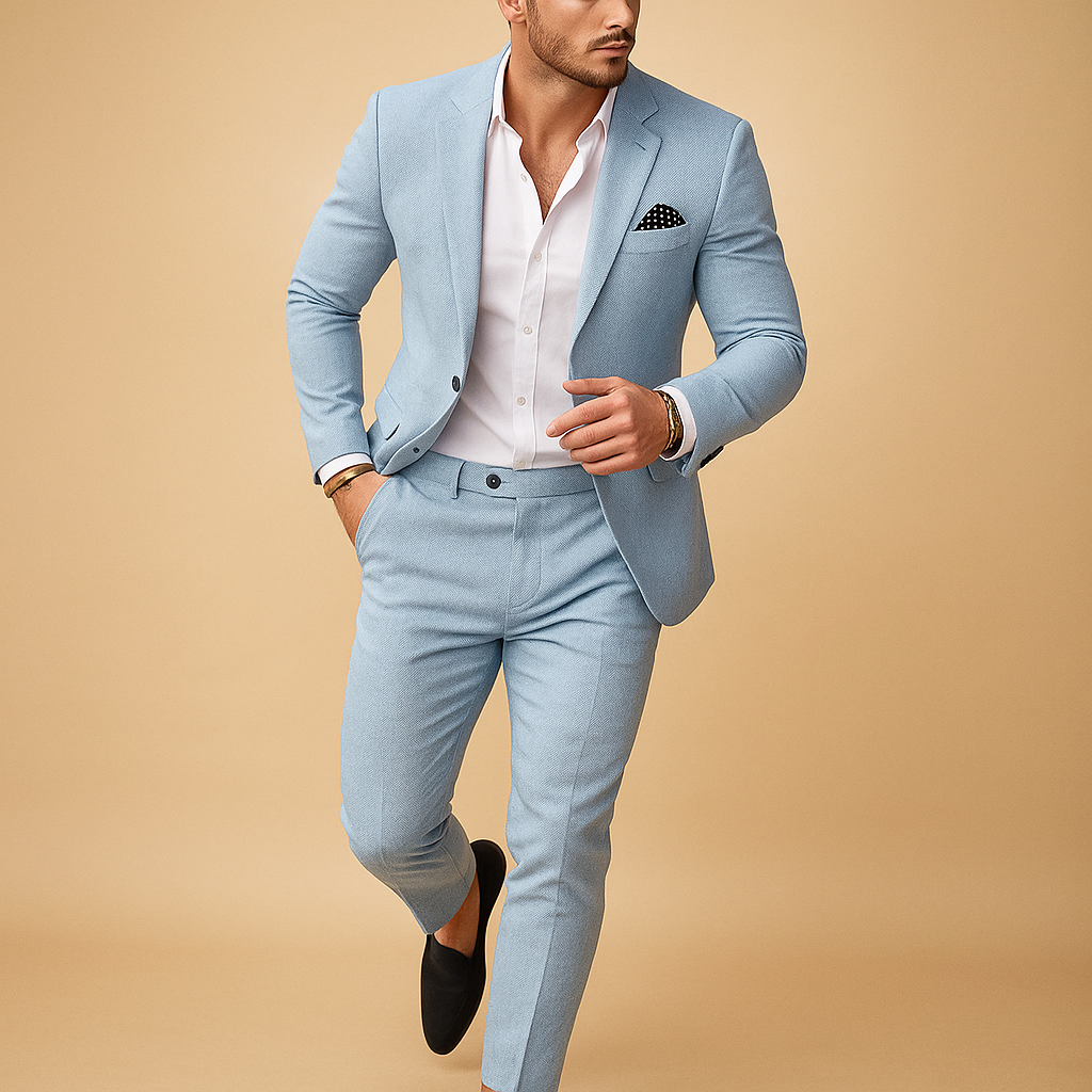 Men’s slim fit suit with blazer and trousers, perfect for weddings, business meetings, and formal occasions.