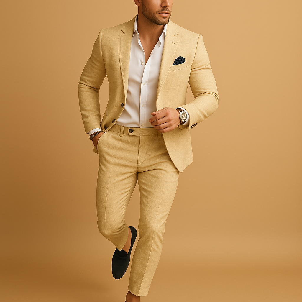 Men’s slim fit suit with blazer and trousers, perfect for weddings, business meetings, and formal occasions.