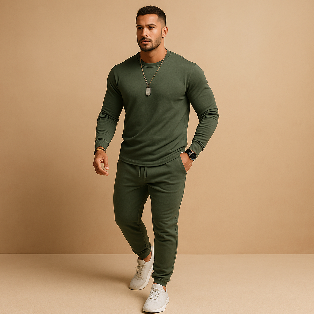 Men’s modern slim-fit tracksuit with sweatshirt and joggers, ideal for casual outings, lounging, or streetwear style.