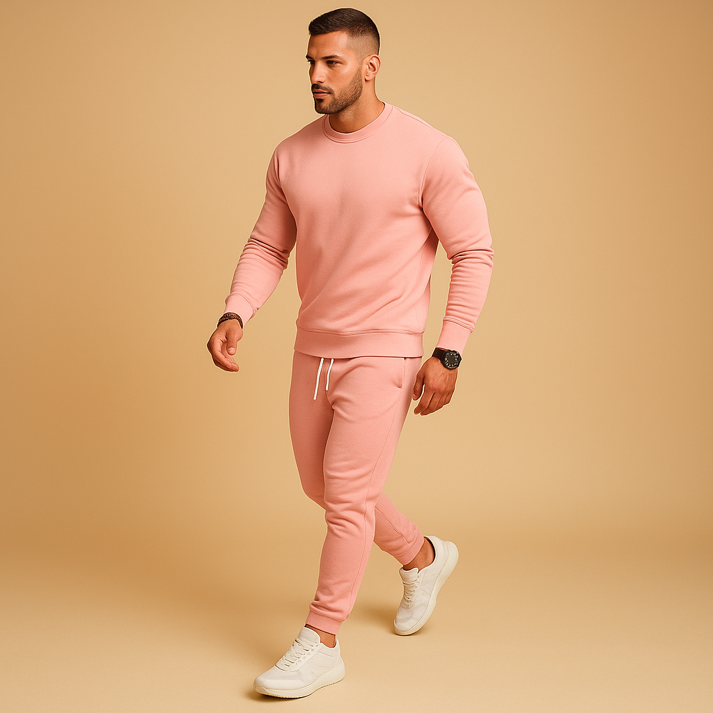 Men’s modern slim-fit tracksuit with sweatshirt and joggers, ideal for casual outings, lounging, or streetwear style.