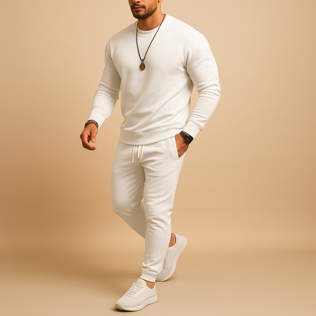 Men’s modern slim-fit tracksuit with sweatshirt and joggers, ideal for casual outings, lounging, or streetwear style.