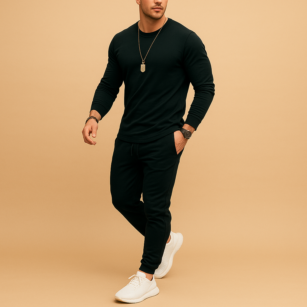 Men’s modern slim-fit tracksuit with sweatshirt and joggers, ideal for casual outings, lounging, or streetwear style.