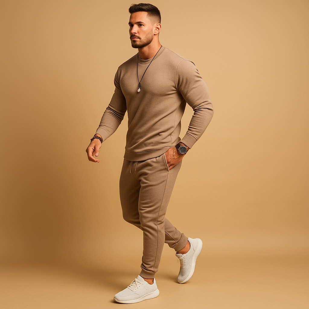 Men’s modern slim-fit tracksuit with sweatshirt and joggers, ideal for casual outings, lounging, or streetwear style.