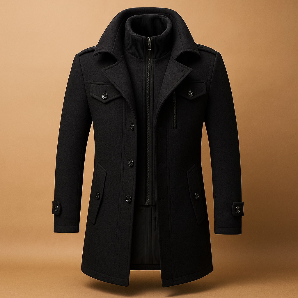 Men’s slim fit winter coat with tailored design, warm construction, and practical pockets for formal and everyday winter wear.