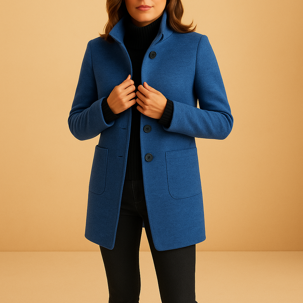 Soft winter coat for women with relaxed fit and elegant design, available in blue, grey, green, and purple for stylish cold-weather outfits.