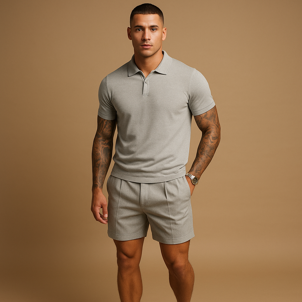 Men’s modern streetwear set with matching shirt and shorts, perfect for casual wear, relaxing at home, or city outings.