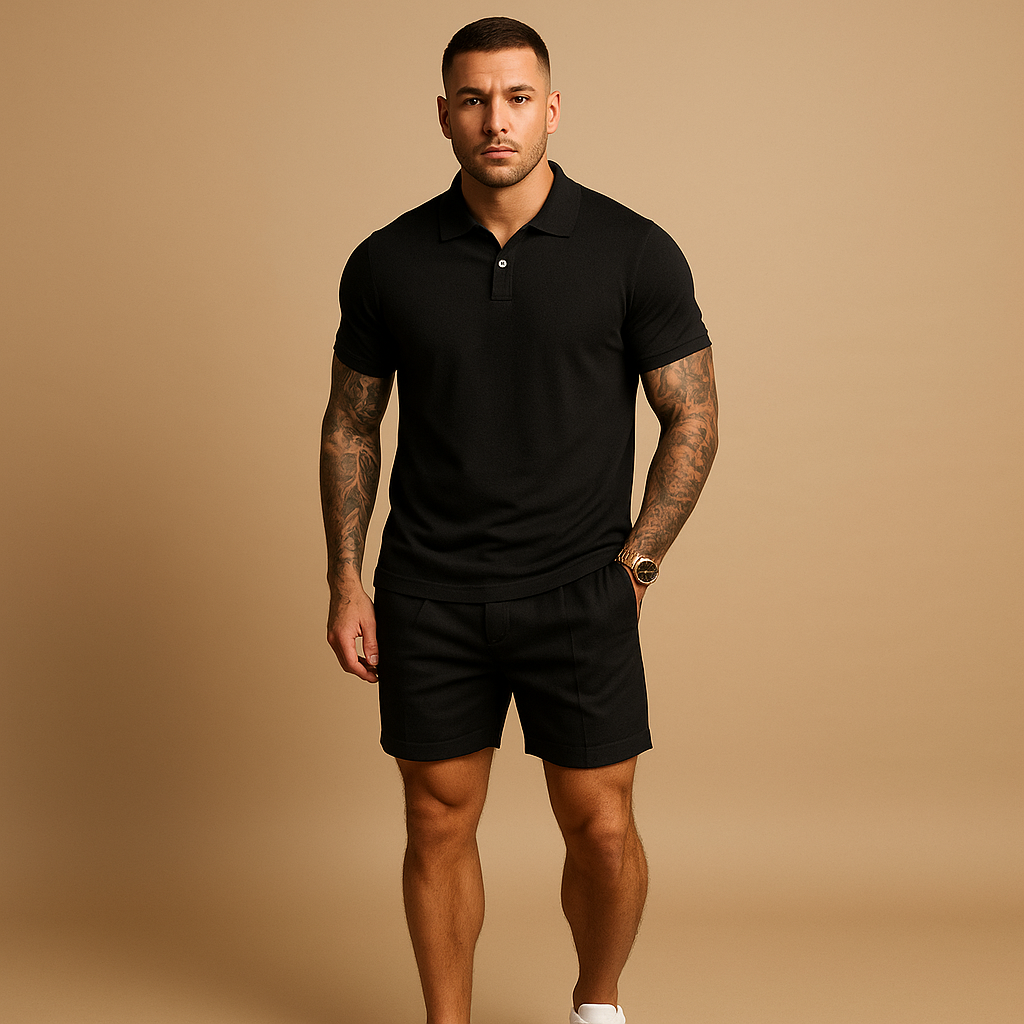 Men’s modern streetwear set with matching shirt and shorts, perfect for casual wear, relaxing at home, or city outings.