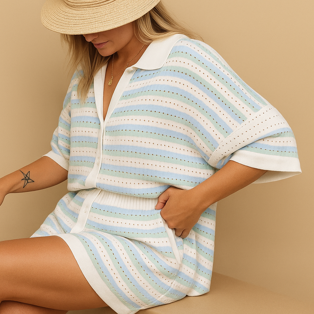 Women’s striped blouse and high-waisted shorts set with buttons and elastic waistband, perfect for summer outings or casual wear.