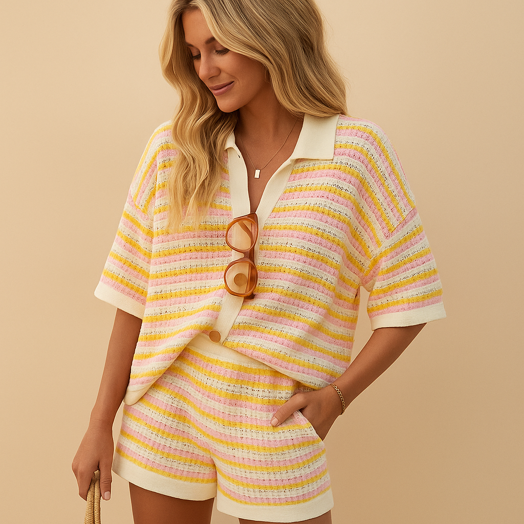 Women’s striped blouse and high-waisted shorts set with buttons and elastic waistband, perfect for summer outings or casual wear.