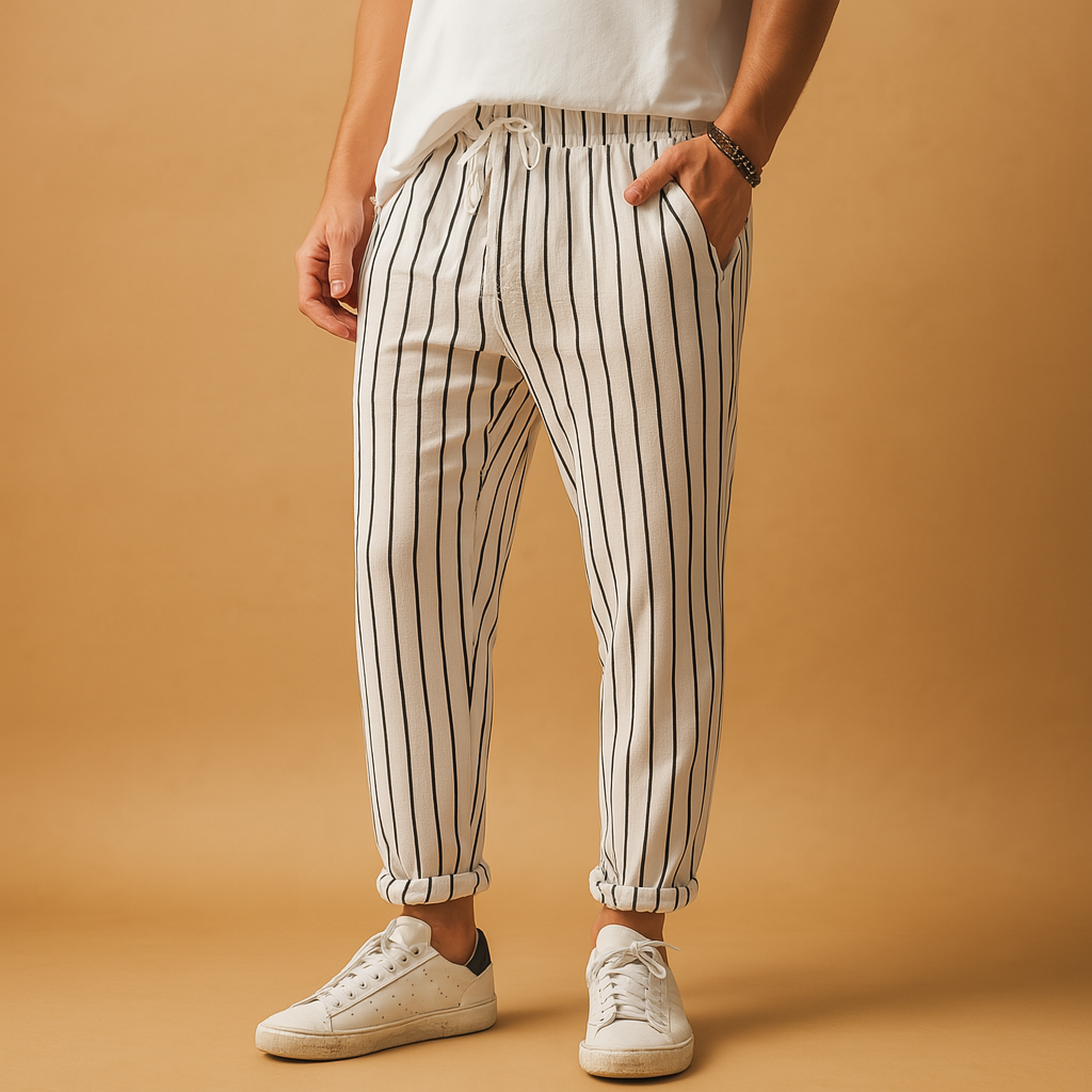 Men’s striped casual pants with adjustable drawstring waist and relaxed fit, perfect for vacations, leisure, and everyday casual wear.