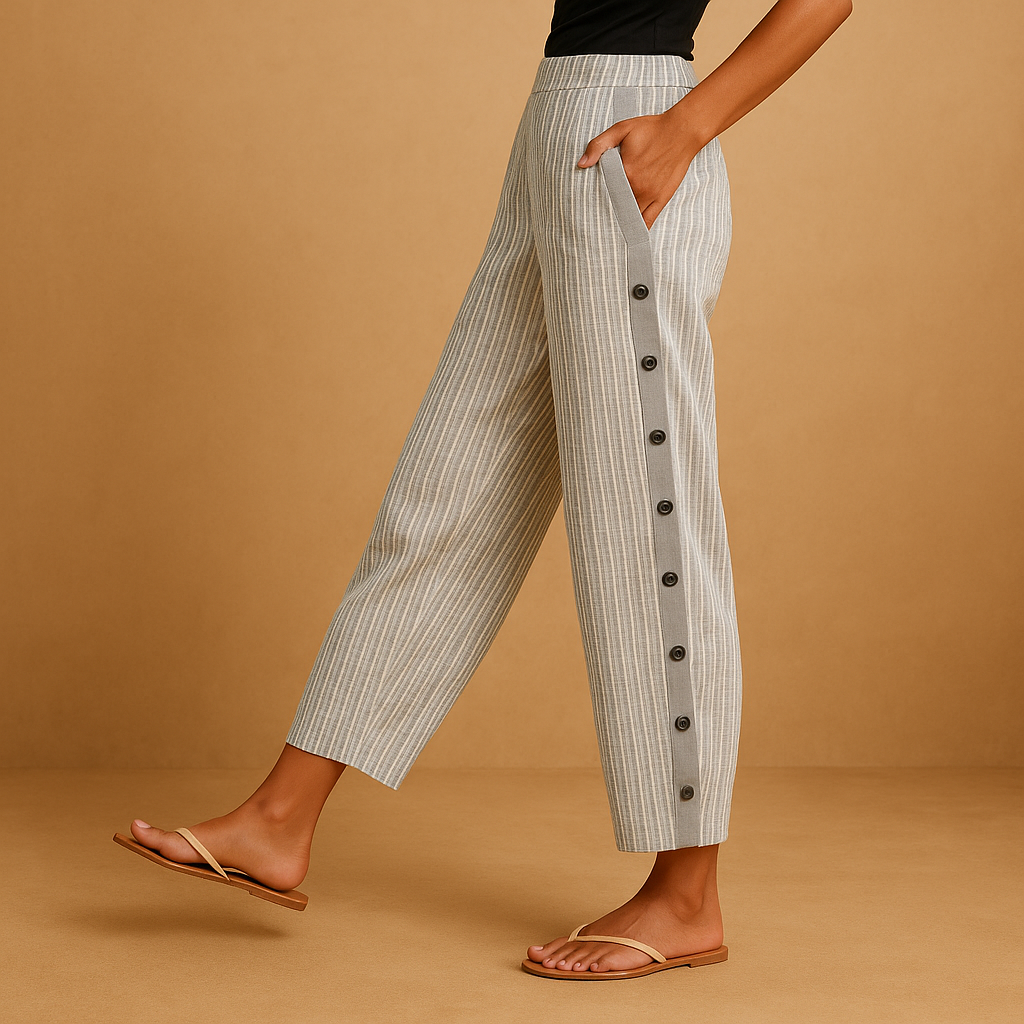 Women’s striped chic pants with a high waist and vertical stripes for a slimming look, ideal for office wear, evenings out, or casual outfits.
