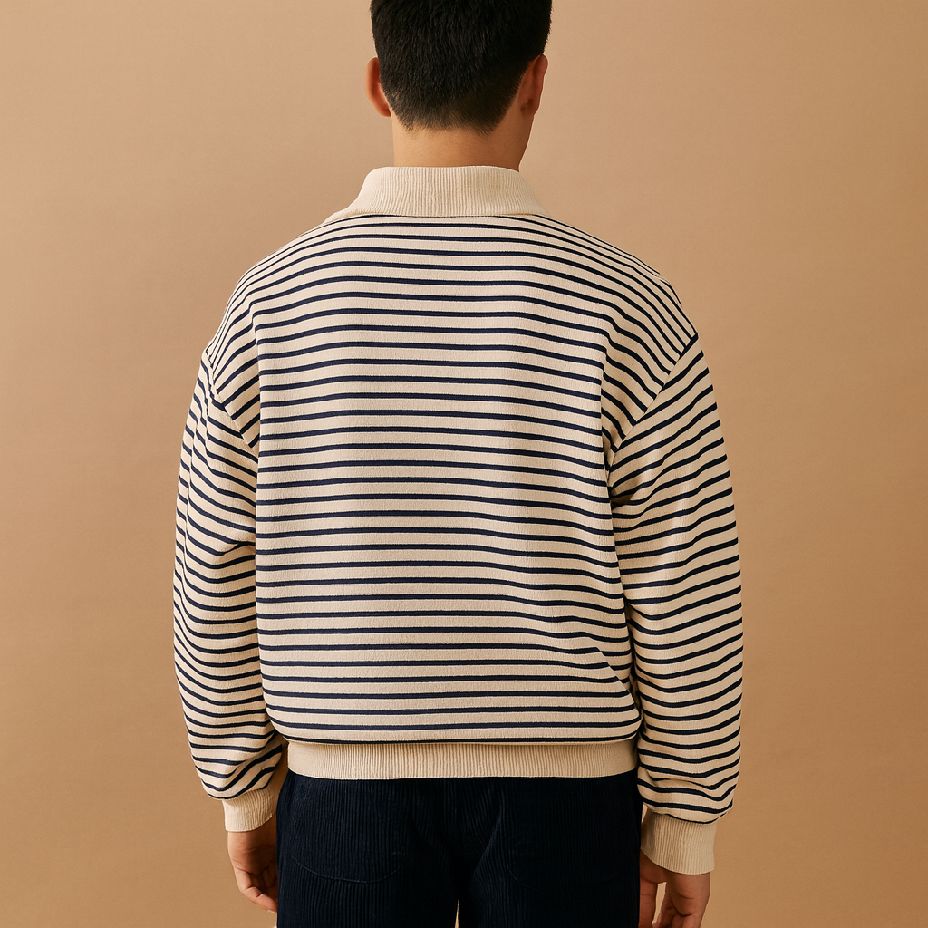 Striped half-zip pullover for men in white with black stripes, featuring a soft fabric and sporty, modern design perfect for everyday wear.