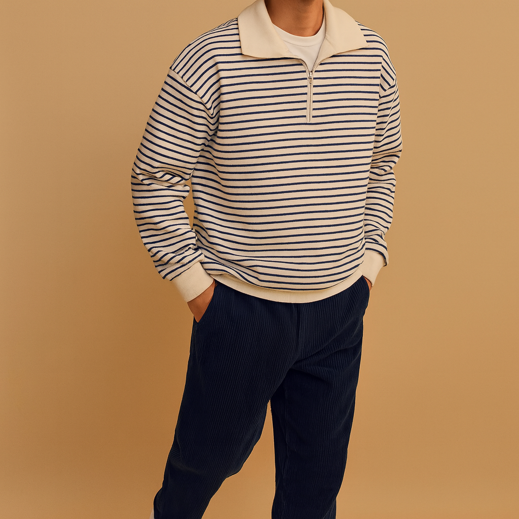 Striped half-zip pullover for men in white with black stripes, featuring a soft fabric and sporty, modern design perfect for everyday wear.