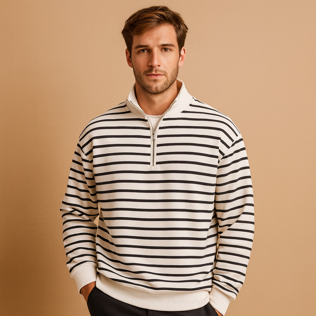 Striped half-zip pullover for men in white with black stripes, featuring a soft fabric and sporty, modern design perfect for everyday wear.