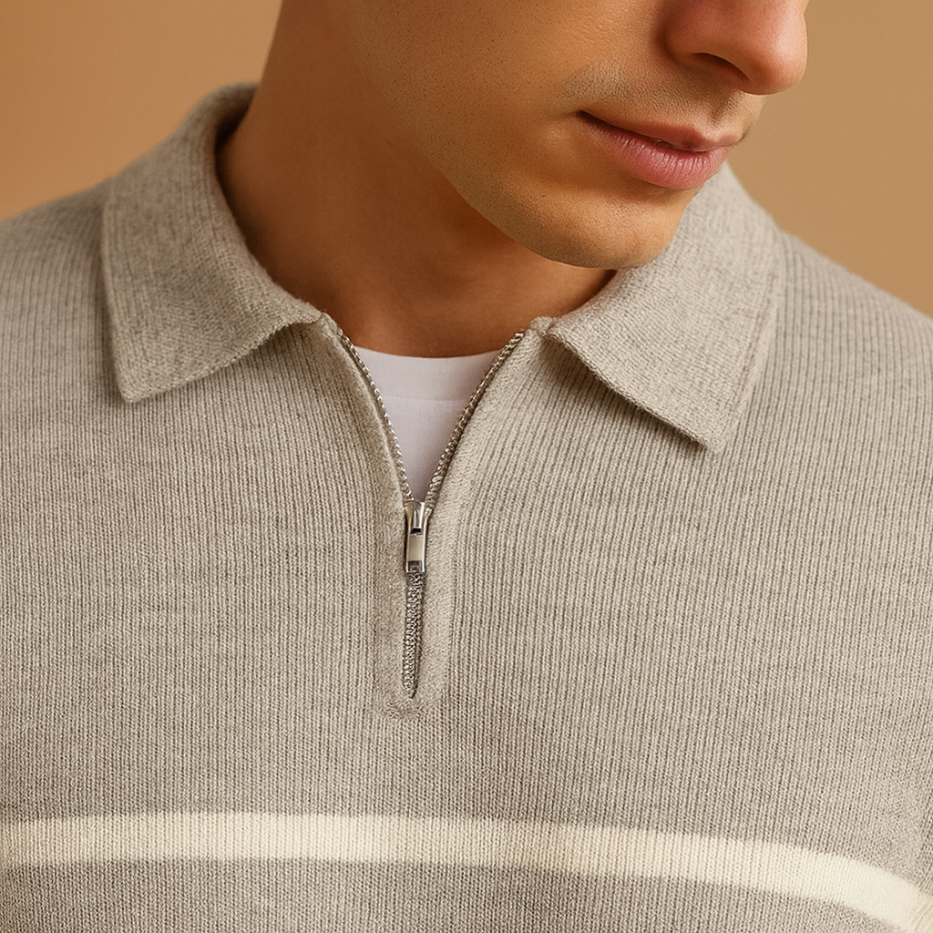 Modern striped half-zip sweater for men in gray, designed for comfort and warmth, perfect for casual or semi-formal autumn and winter wear.