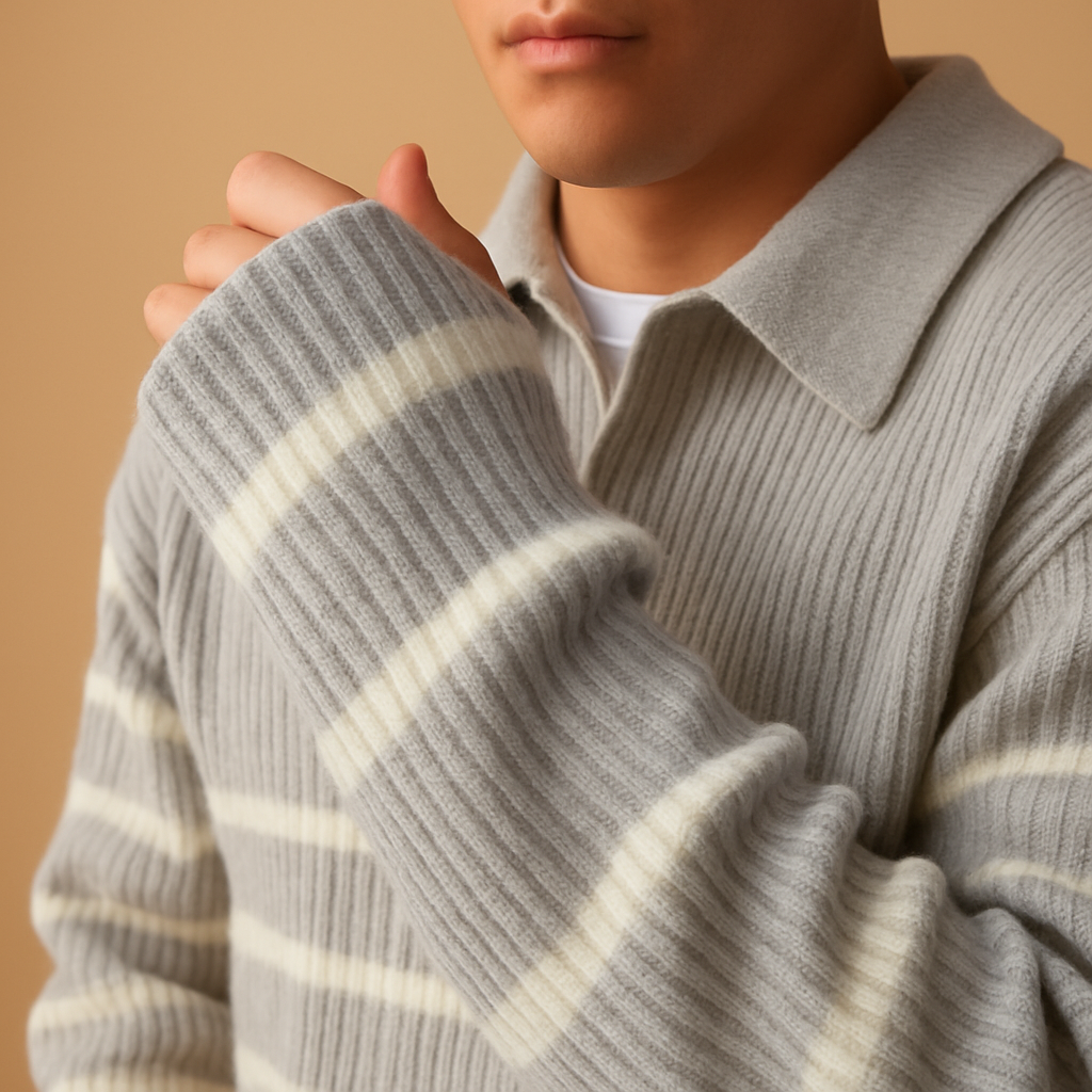 Modern striped half-zip sweater for men in gray, designed for comfort and warmth, perfect for casual or semi-formal autumn and winter wear.