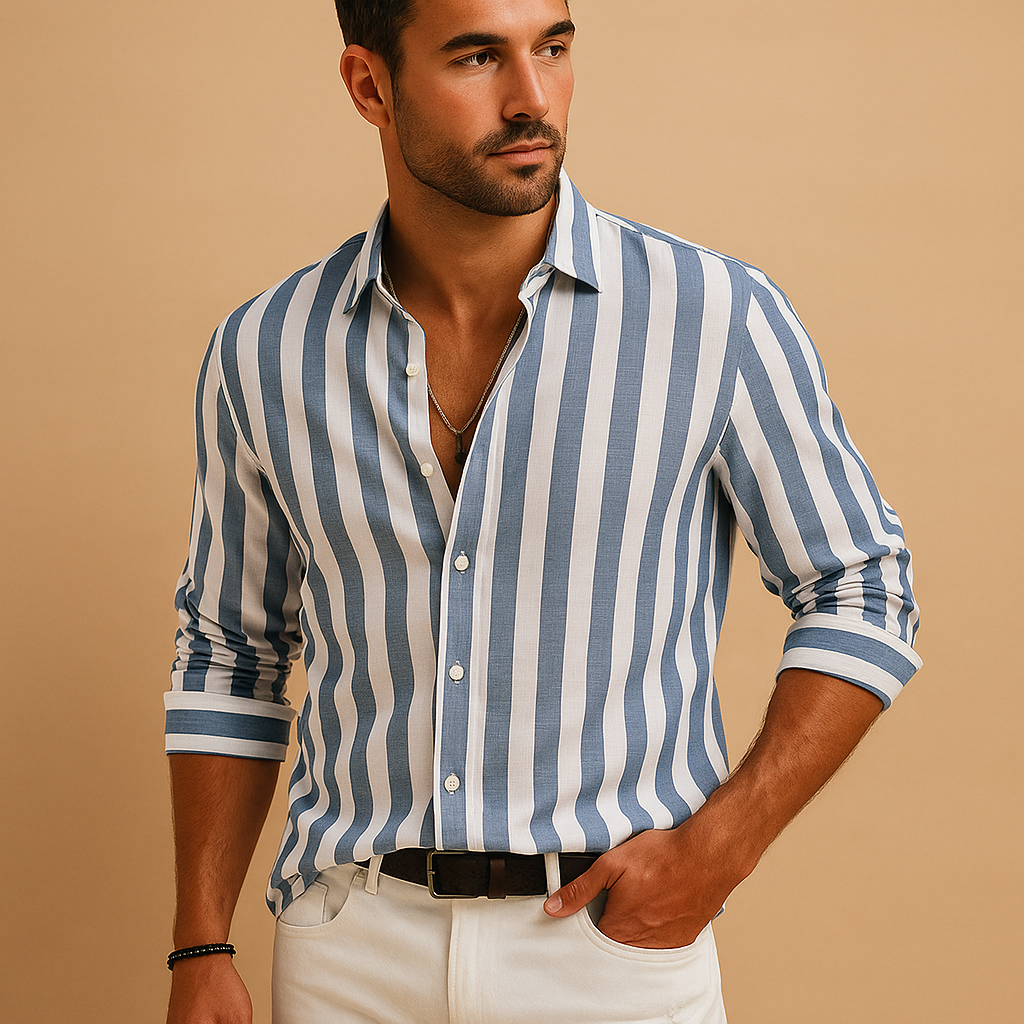 Men’s striped long sleeve shirt with tailored fit and blue-white pattern, ideal for formal and casual occasions.