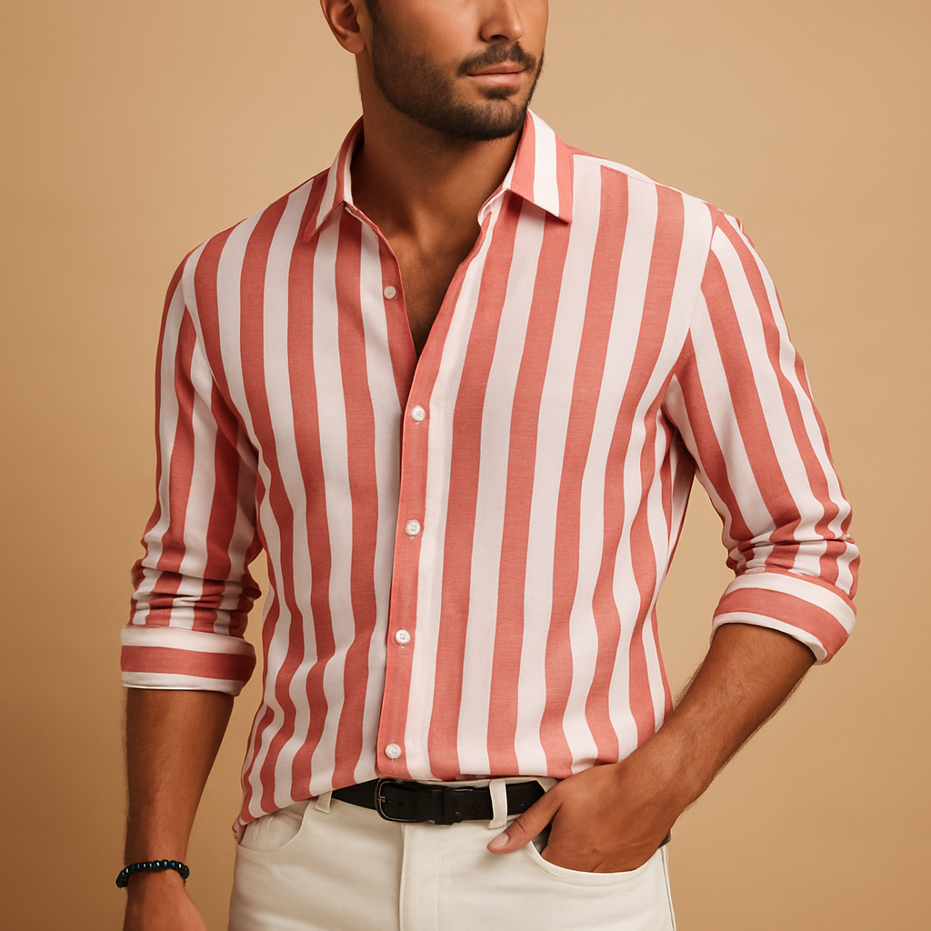 Men’s striped long sleeve shirt with tailored fit and blue-white pattern, ideal for formal and casual occasions.