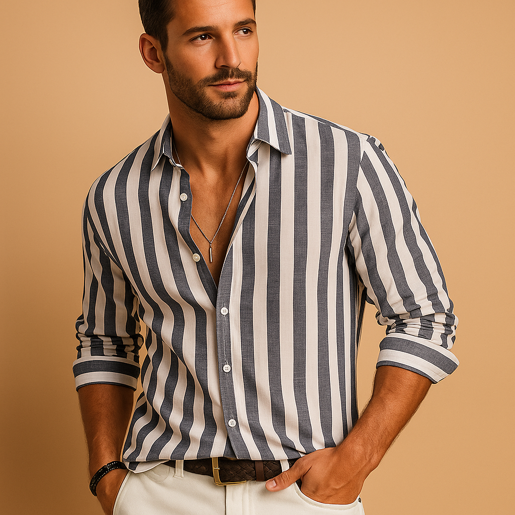 Men’s striped long sleeve shirt with tailored fit and blue-white pattern, ideal for formal and casual occasions.