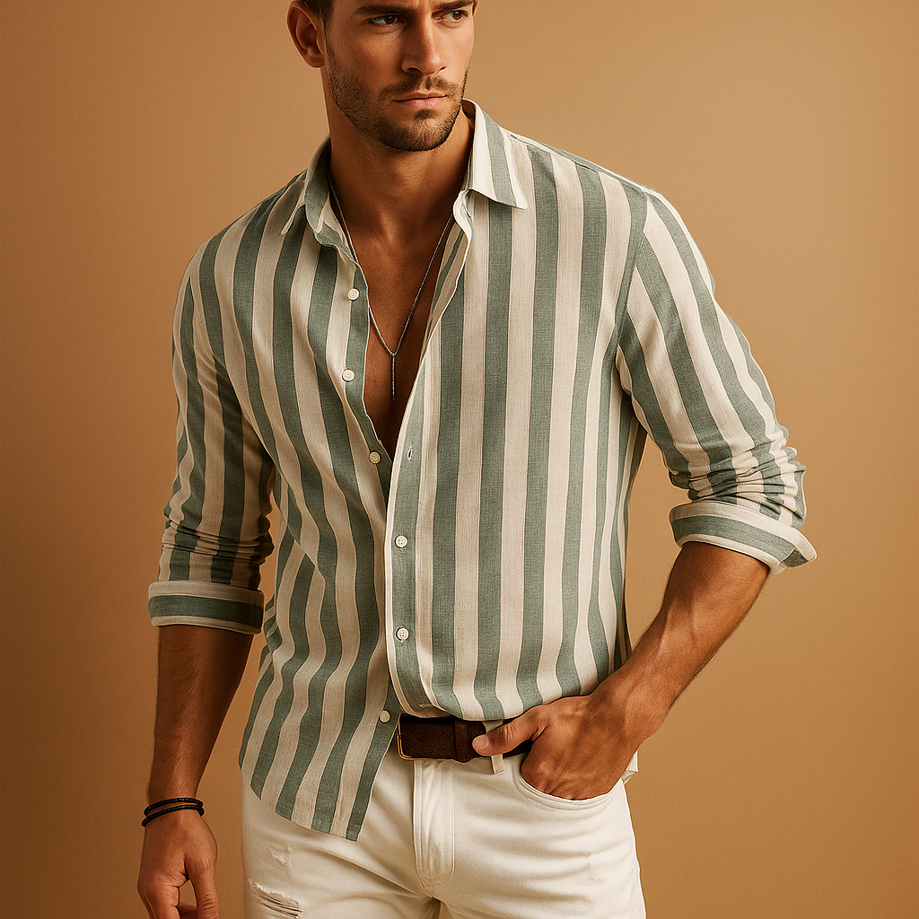 Men’s striped long sleeve shirt with tailored fit and blue-white pattern, ideal for formal and casual occasions.