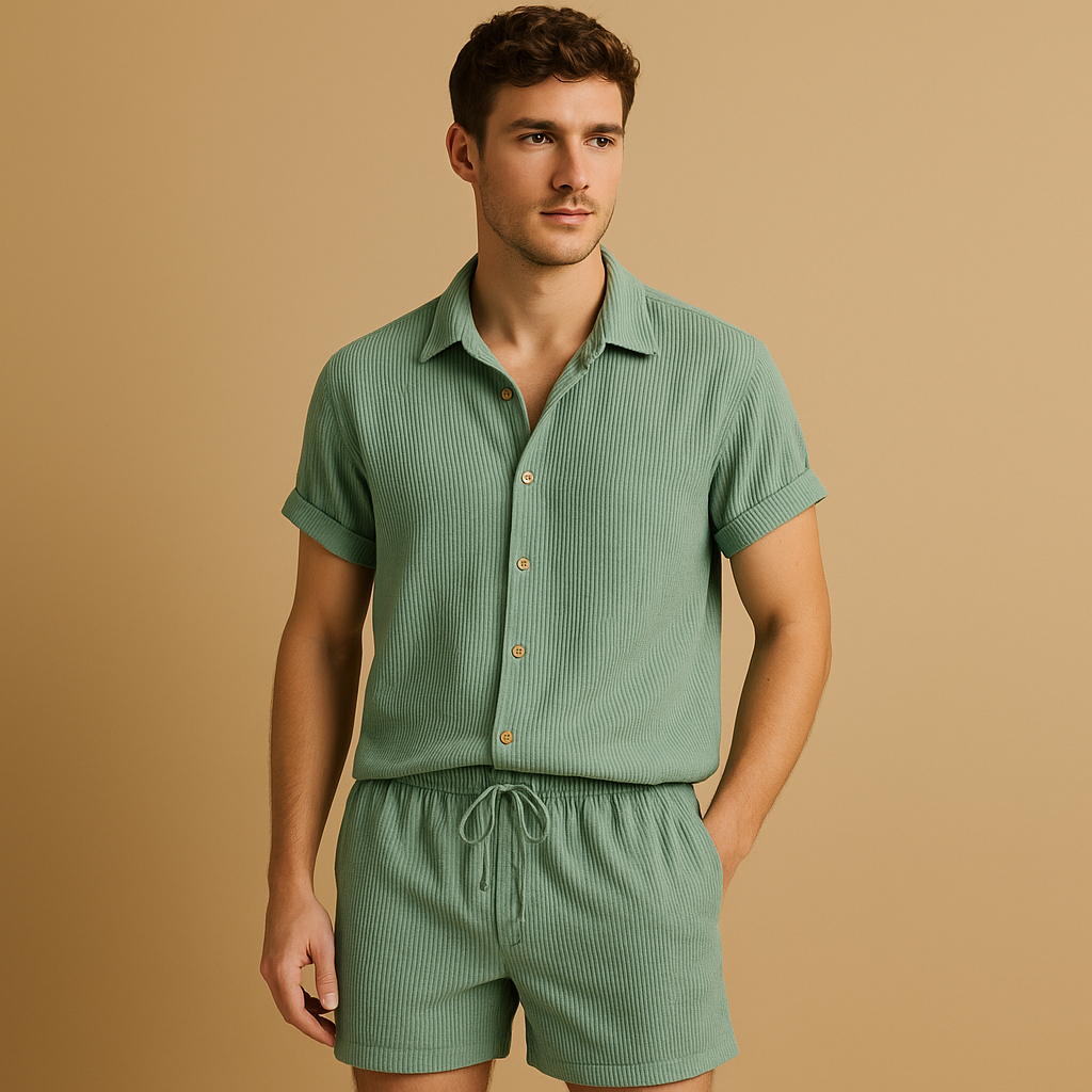 Men’s striped summer set with short-sleeve shirt and matching shorts, perfect for holidays, beach days, or casual summer outings.