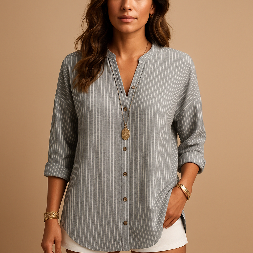 Women’s striped v-neck shirt with long sleeves, suitable for work, smart-casual outfits, and everyday wear.