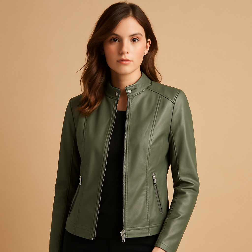 Women’s stylish biker jacket with symmetrical zipper, snap-button collar, and silver details, suitable for casual and elegant outfits.