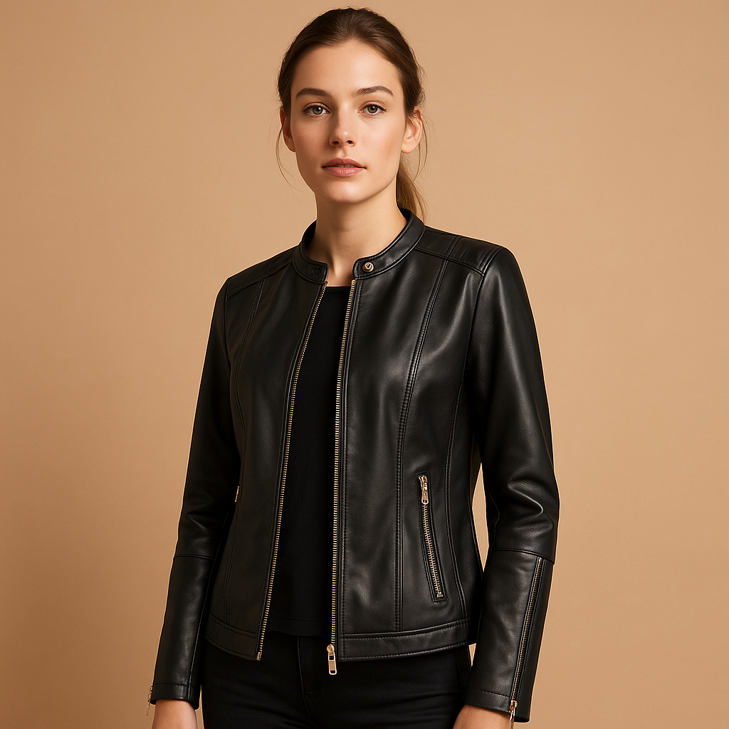 Women’s stylish biker jacket with tailored fit, symmetrical zipper, metal details, and zip pockets, suitable for casual and evening wear.