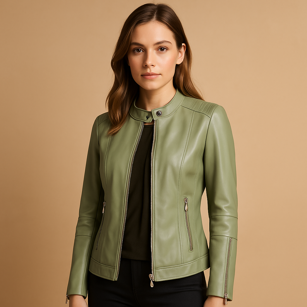 Women’s stylish biker jacket with tailored fit, symmetrical zipper, metal details, and zip pockets, suitable for casual and evening wear.