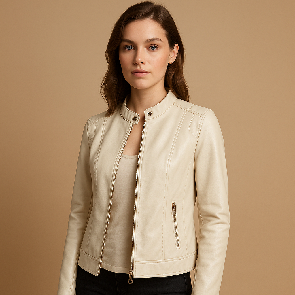 Women’s stylish biker jacket with tailored fit, symmetrical zipper, metal details, and zip pockets, suitable for casual and evening wear.