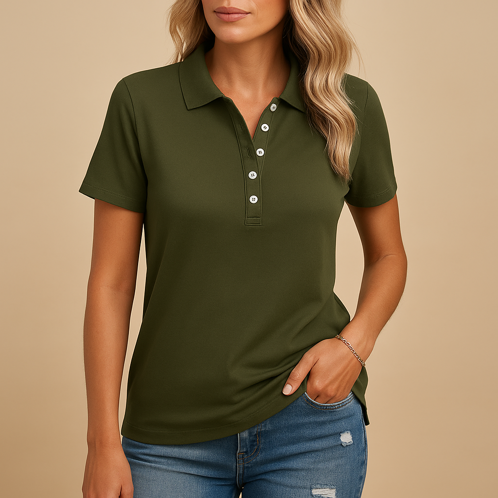 Women’s stylish polo shirt with a feminine fit, suitable for casual outfits, workwear, and everyday elegant looks.