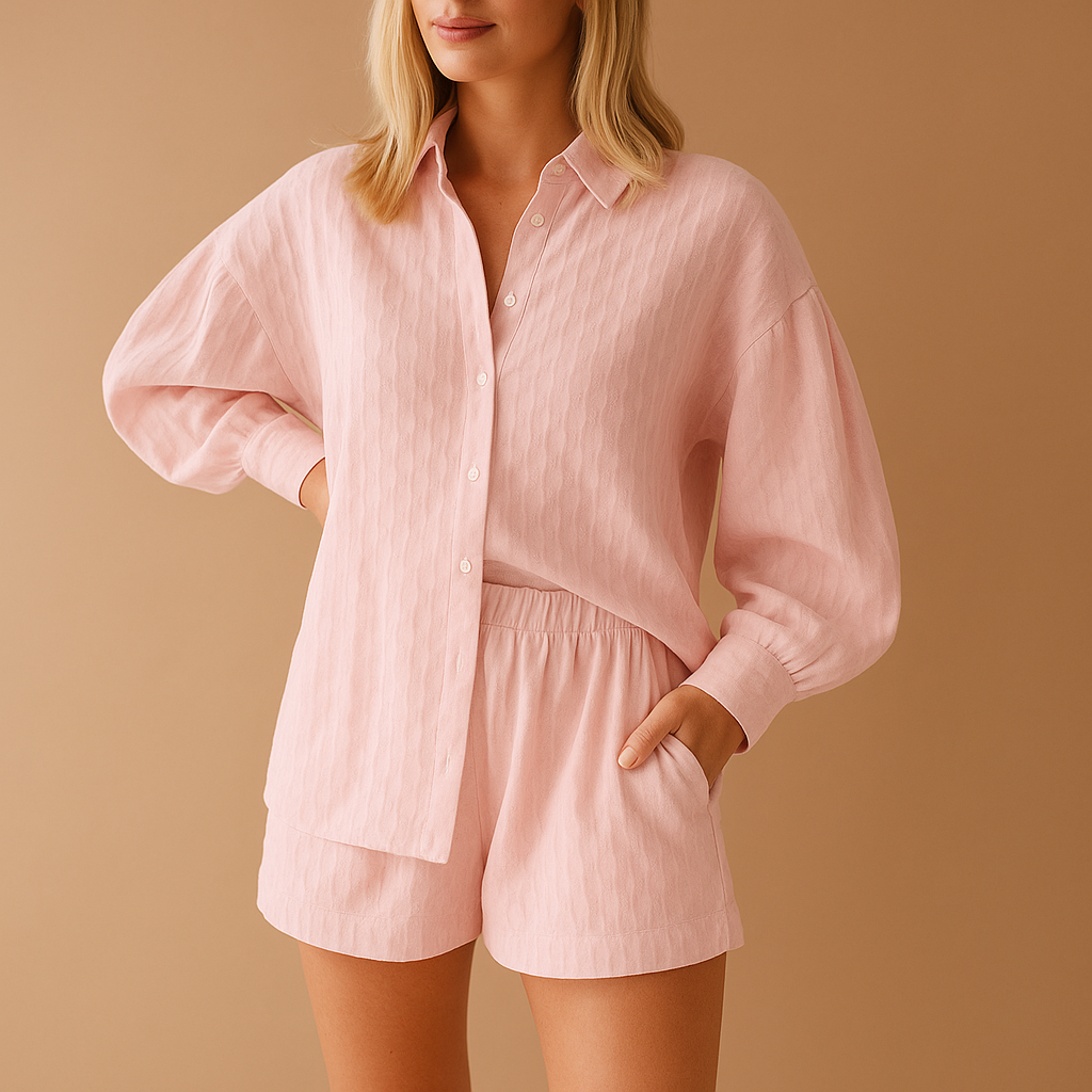 Light two-piece summer set for women with short-sleeve blouse and shorts, perfect for warm days, vacations, or casual wear.